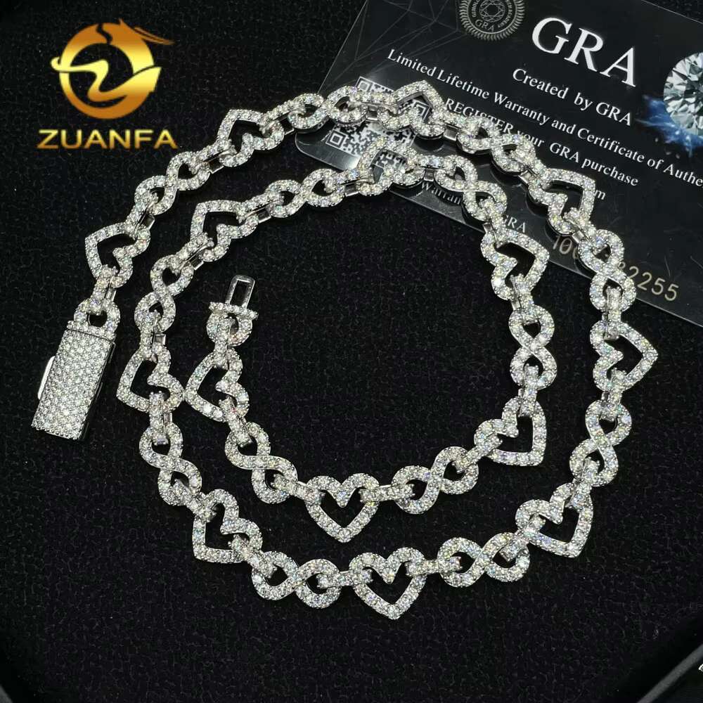 Hip Hop Jewelry Rapper Real 925 Sterling Silver 8.5MM Heart Style Missanite Iced Out Tennis Chain Infinity Chain Link Chain