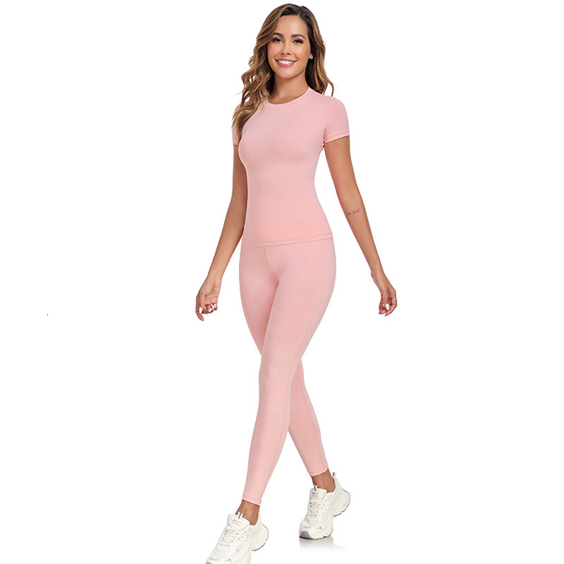 New Quick-Dry Yoga Fitness Outfit Outdoor Running Sports Round Neck Slim Fit Short Sleeve Long Pants Set