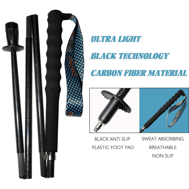 OKHEALING T800 Carbon Fiber Trekking Poles 3 Section Ultra-light Folding Cane Portable Walking Stick with EVA Handle for Off-road, Camping, Mountainin