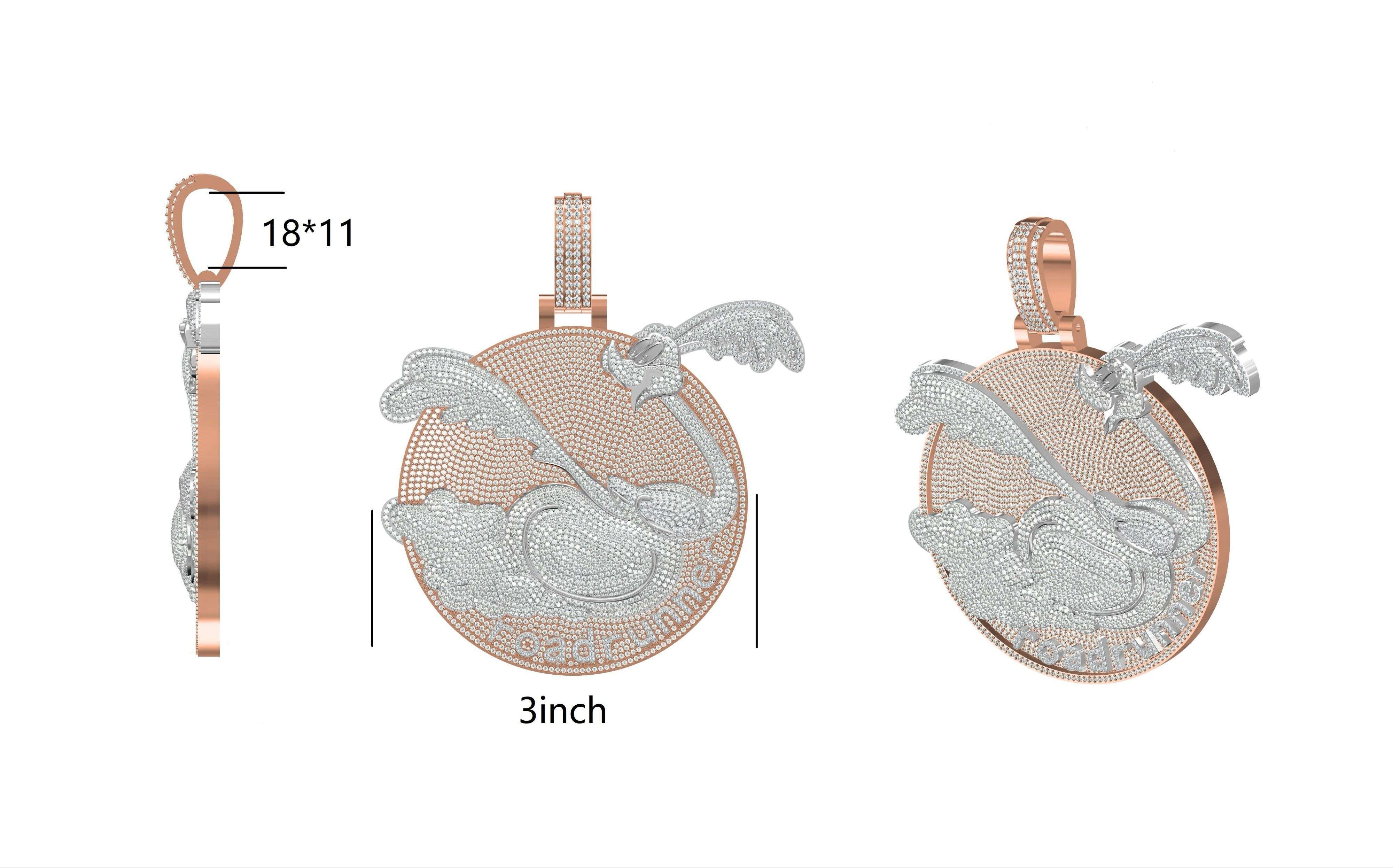 Custom Road Runner Circle Pendant Rose Gold Cartoon Design 925 Sterling Silver Solid Back VVS Moissanite Diamond Men Jewelry