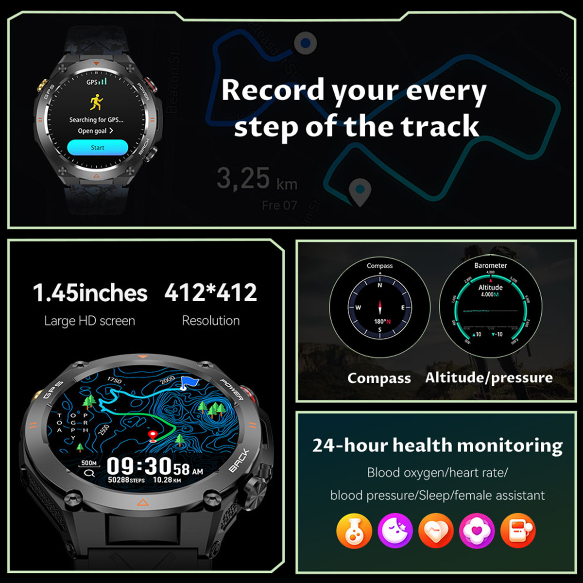 KC82 Smart Watch GPS Tracking Outdoor Sports Compass AI Voice Bluetooth Call Altitude Air Pressure 650mAh Battery Smartwatch Men