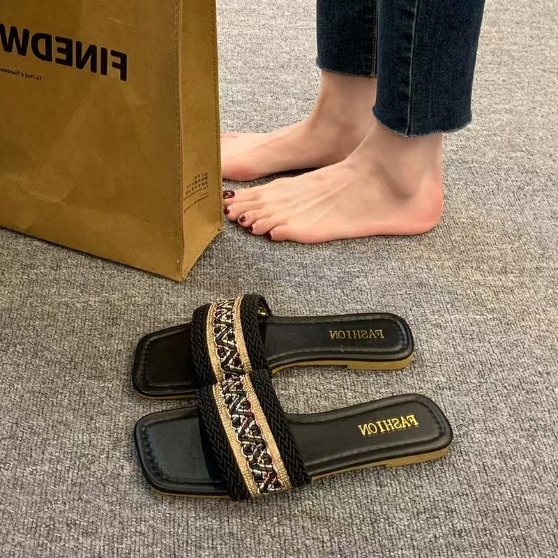 Sandals Summer Weave Flats Slippers Women Beach Dress Shoes 2024 New Designer Flip Flops Casual Shoes Walking Slides