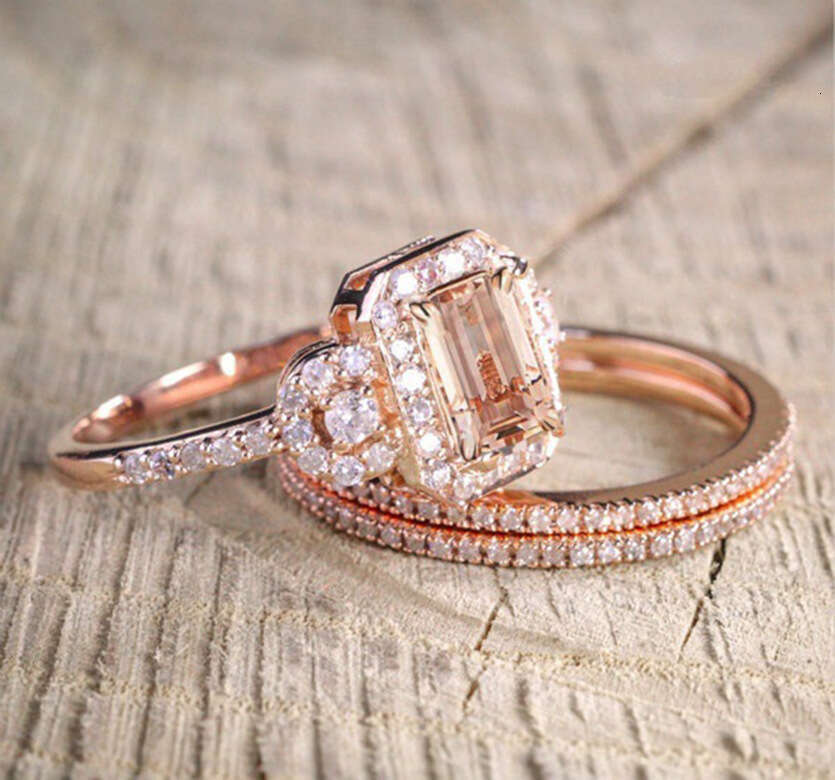Rose Gold Plated Set Micro Inlaid Simulated Light Luxury Pink Diamond Engagement Ring for Women 13f