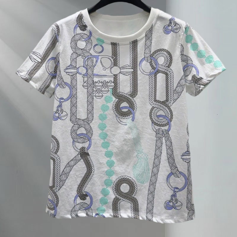 Summer New Ladies Chain Print Short Sleeve T-Shirt Designer Luxury Cotton Top Dual Color Selection Designer French Minimalism Clothes S0711
