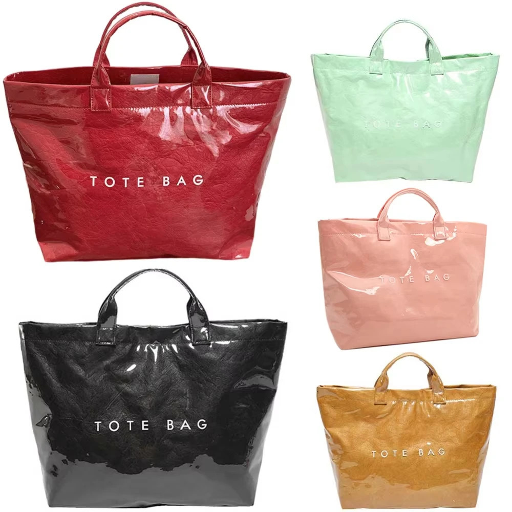 Solid Color Tote Bag PVC Kraft Paper Large Capacity Hobo Handbag Women Casual Shopping Letter Print Top Handle Hand Bags 250628