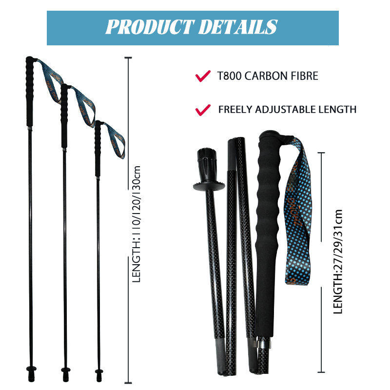 OKHEALING T800 Carbon Fiber Trekking Poles 3 Section Ultra-light Folding Cane Portable Walking Stick with EVA Handle for Off-road, Camping, Mountainin