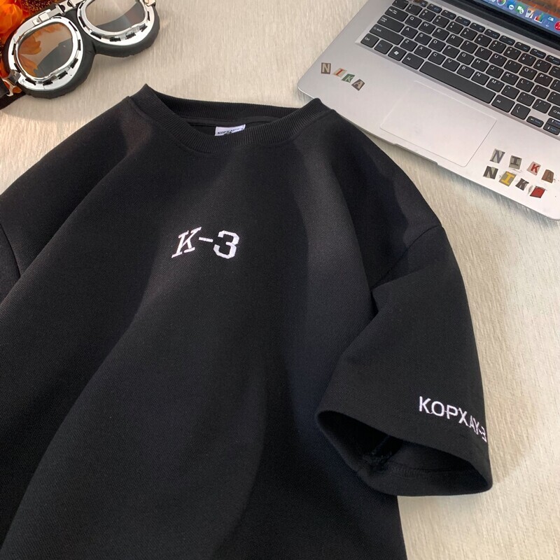 Letter Print Heavyweight Short Sleeve T-shirt Designer Short Sleeves For Men Summer American Retro Tee Shirt Youth Loose Round Neck Clothing