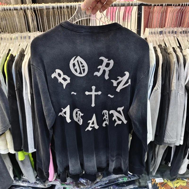 Men's Hoodies Saint Vintage Wash BORN AGAIN Long Sleeve T-Shirt High GSM Cotton Waffle Fabric Streetwear