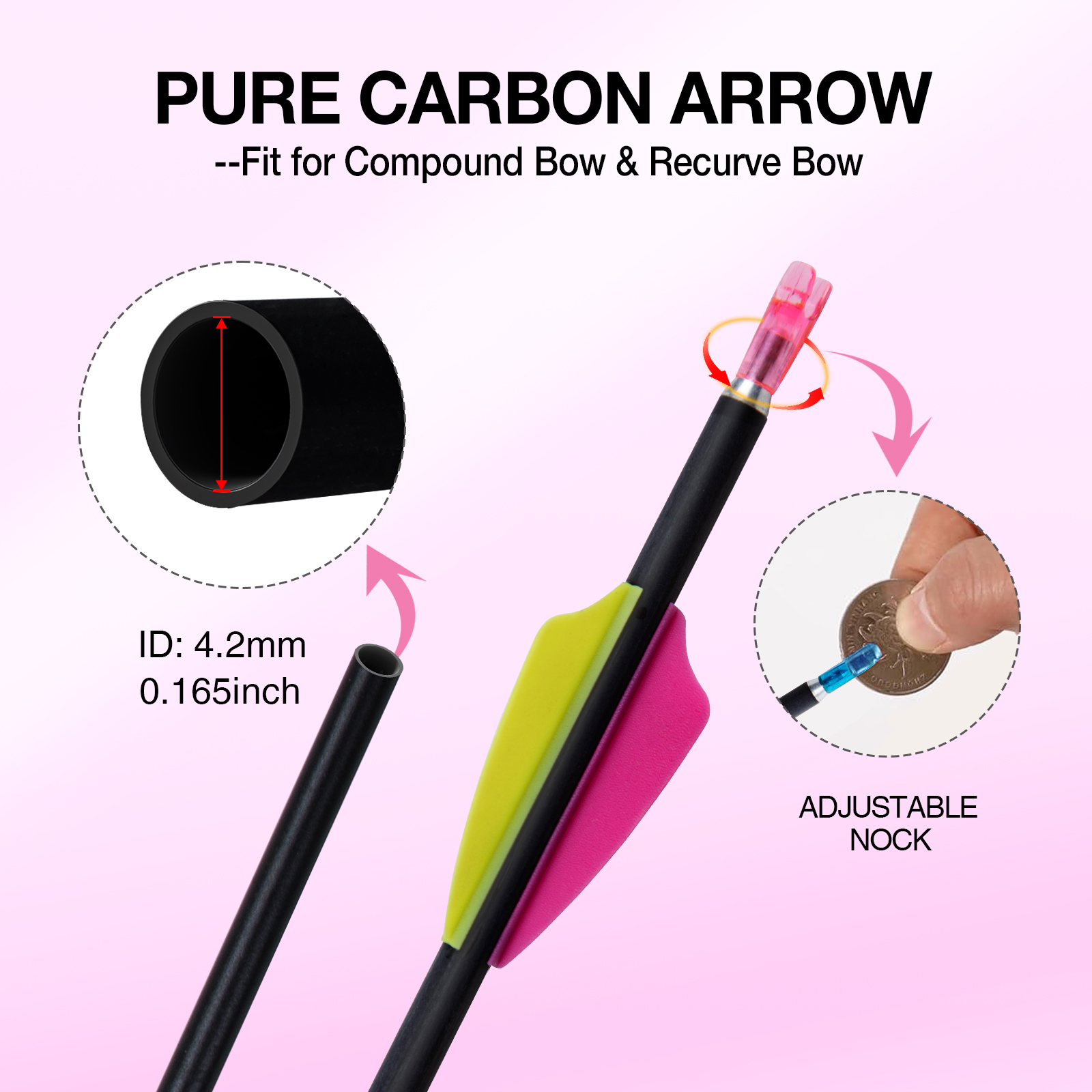31inch Hunting Arrows without Arrowheads Carbon Archery Arrows 12Pcs 4.2mm Targeting Arrows for Recurve Bow & Compound Bow Spine 350-1500 Arrows