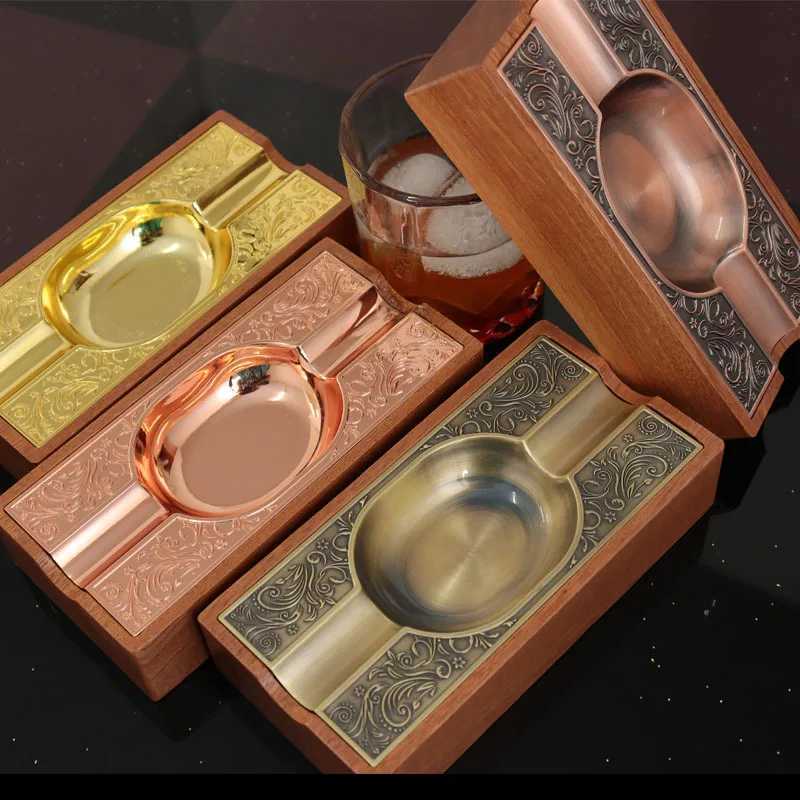 Solid Wood Cigar Ashtray High-end Creative Light Luxury Metal Portable Home Double Slot Vintage Cigarette Ashtray Y250703