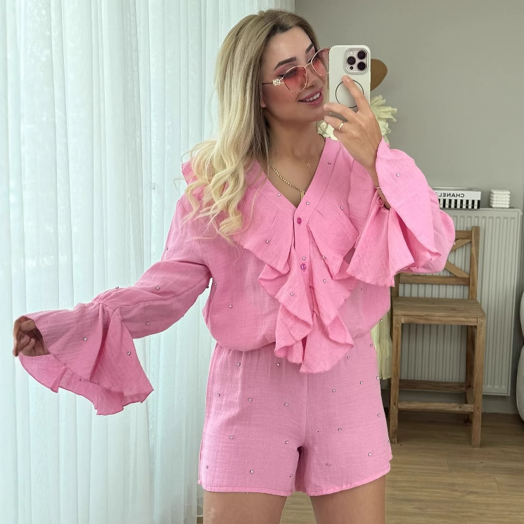Plus Size Womens Fashion Design Ruffled Unique Shirt Top Shorts French Two-Piece Set for Women 230130