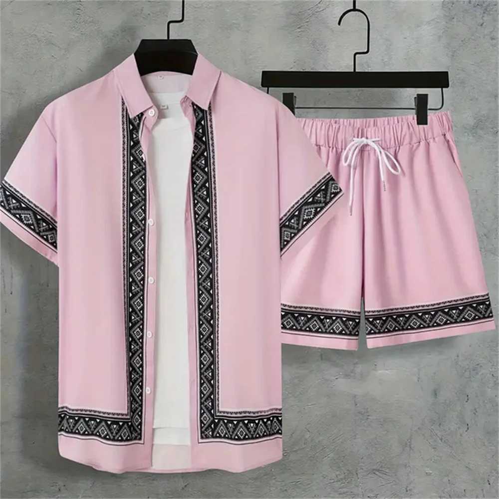 New Mens Summer Holiday Suit Retro Textured Printed Border y2k Shirt Short Sleeve Shorts Two Piece Mens Breathable Pool Suit XJ250703