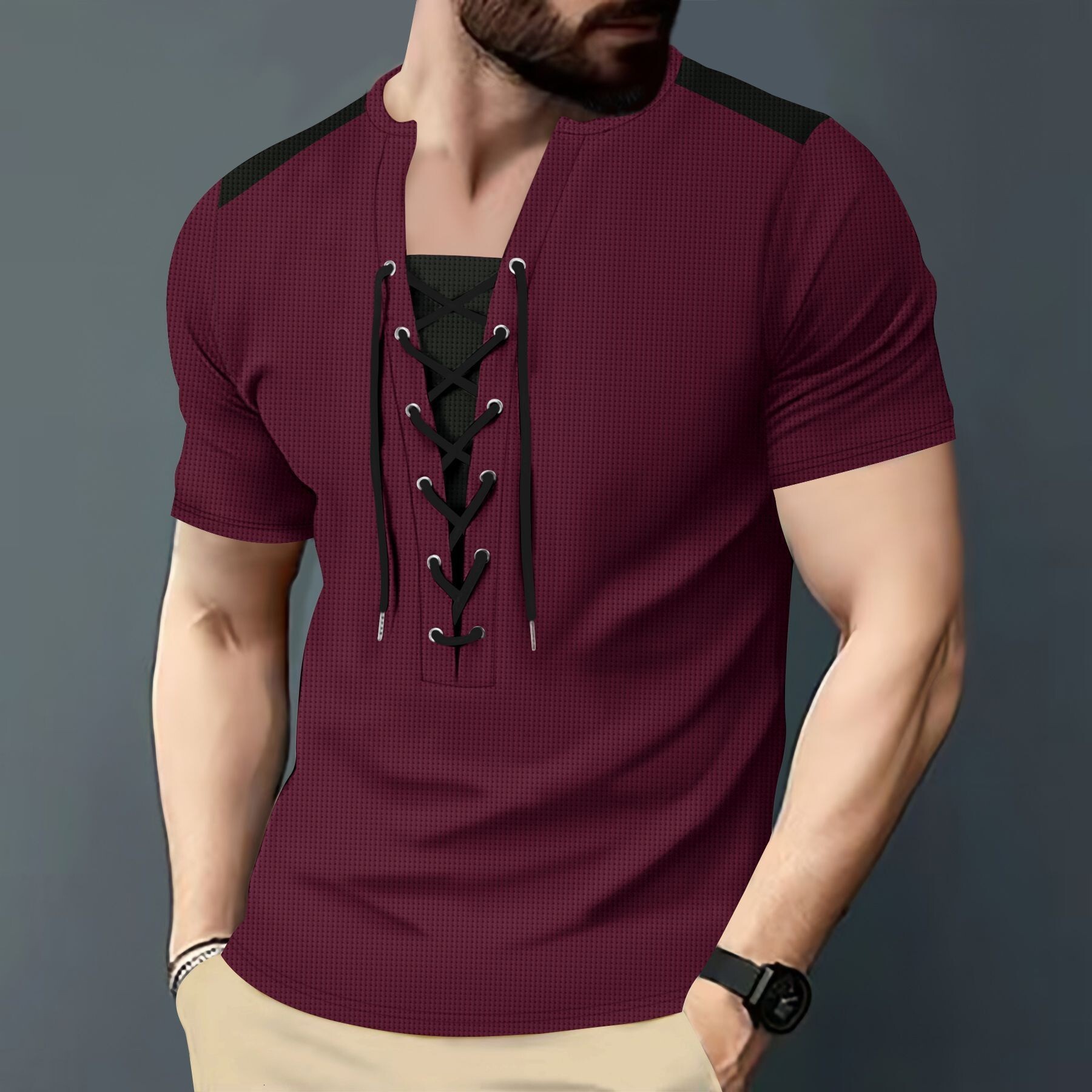 New Amazon Men's Waffle Texture Versatile Casual Color-block Patchwork Drawstring Designer T-shirt Summer Short Sleeves Crew Neck Short Sleeve T-