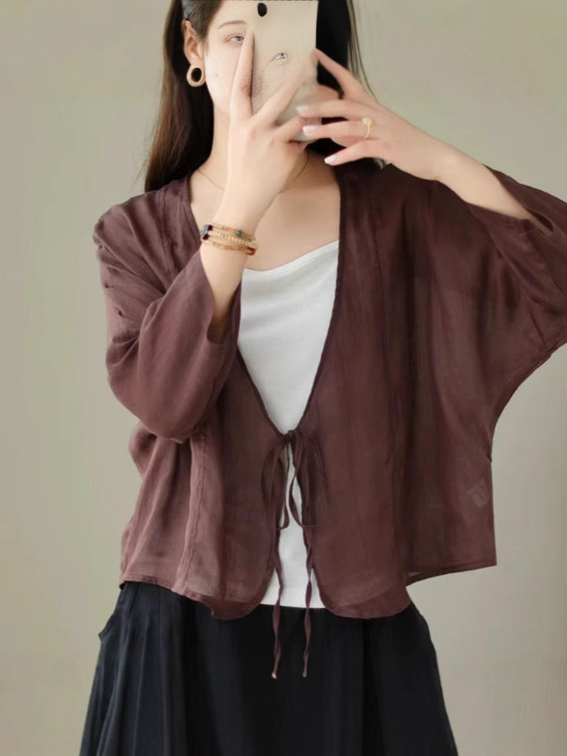 K1222 2024 summer new style literary retro casual thin sun protection top loose V-neck lace cardigan short jacket trend
