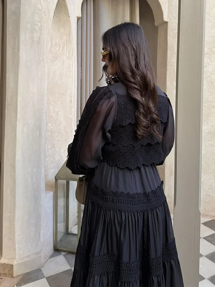 Hollow Out Embroidery Patchwork A-line Long Dress Elegant Women Long Sleeve High Waist Lapel Pleated Dresses Holiday Ruffle Robe 250626