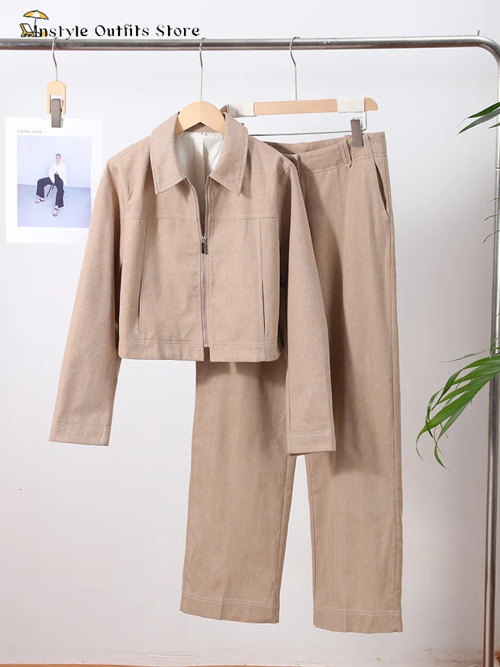 Casual Trousers Set Women Cotton Linen Lapel Zippers Crop Top Straight Pants Sets Lady Spring Autumn Solid Suit Woman Streetwear 250709