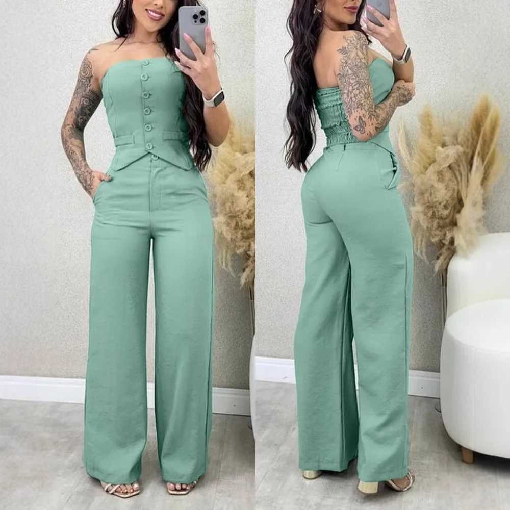 Women Fashion Sexy Summer 2 Pieces Outfit Bandeau Button Decor Vest Top Casual Wide Leg Pants Set X250704