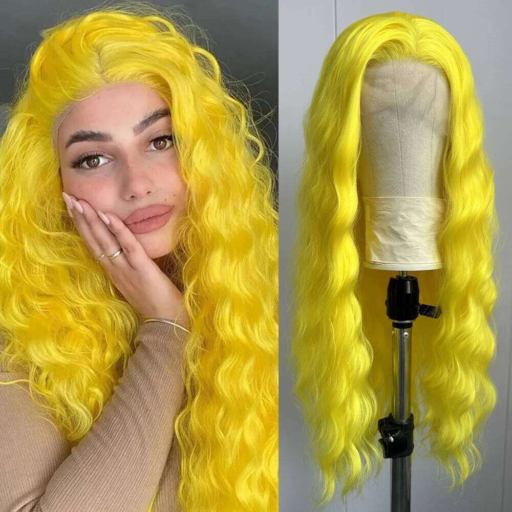 Long Synthetic Loose Front for Natural Cosplay Lace Body Wave Women Use Yellow Wig Party