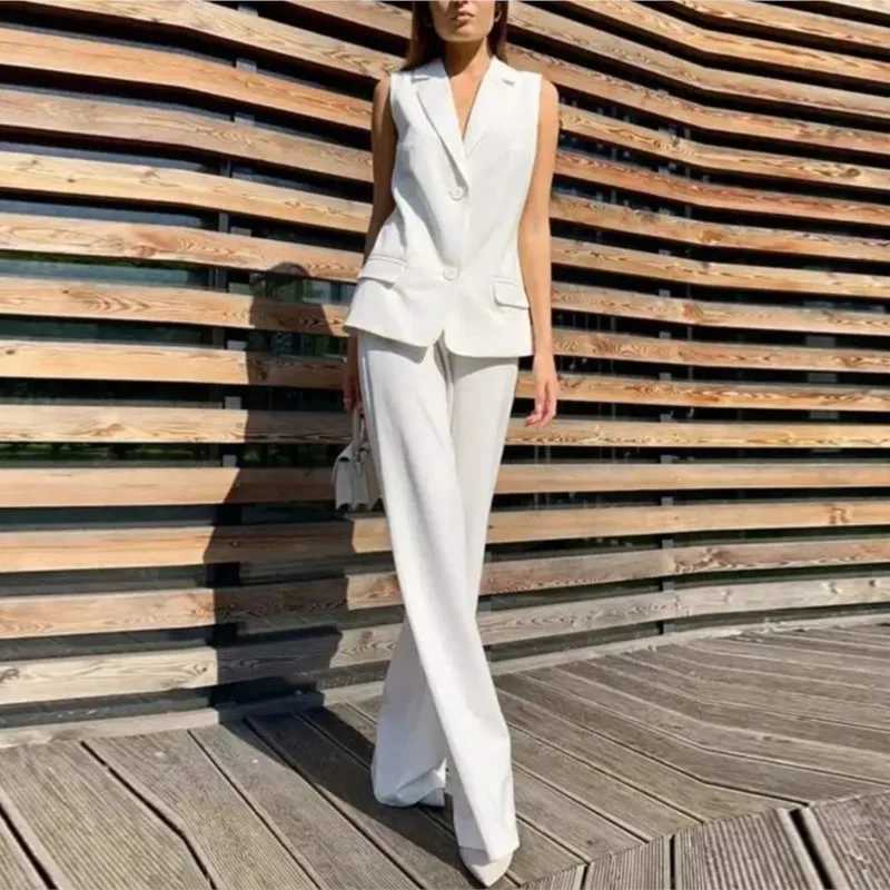 Womens Fashion Suit Two Piece Set Summer Notched Button Vest + Wide Leg Pants Set Elegant Office Business Casual Outfits X250704