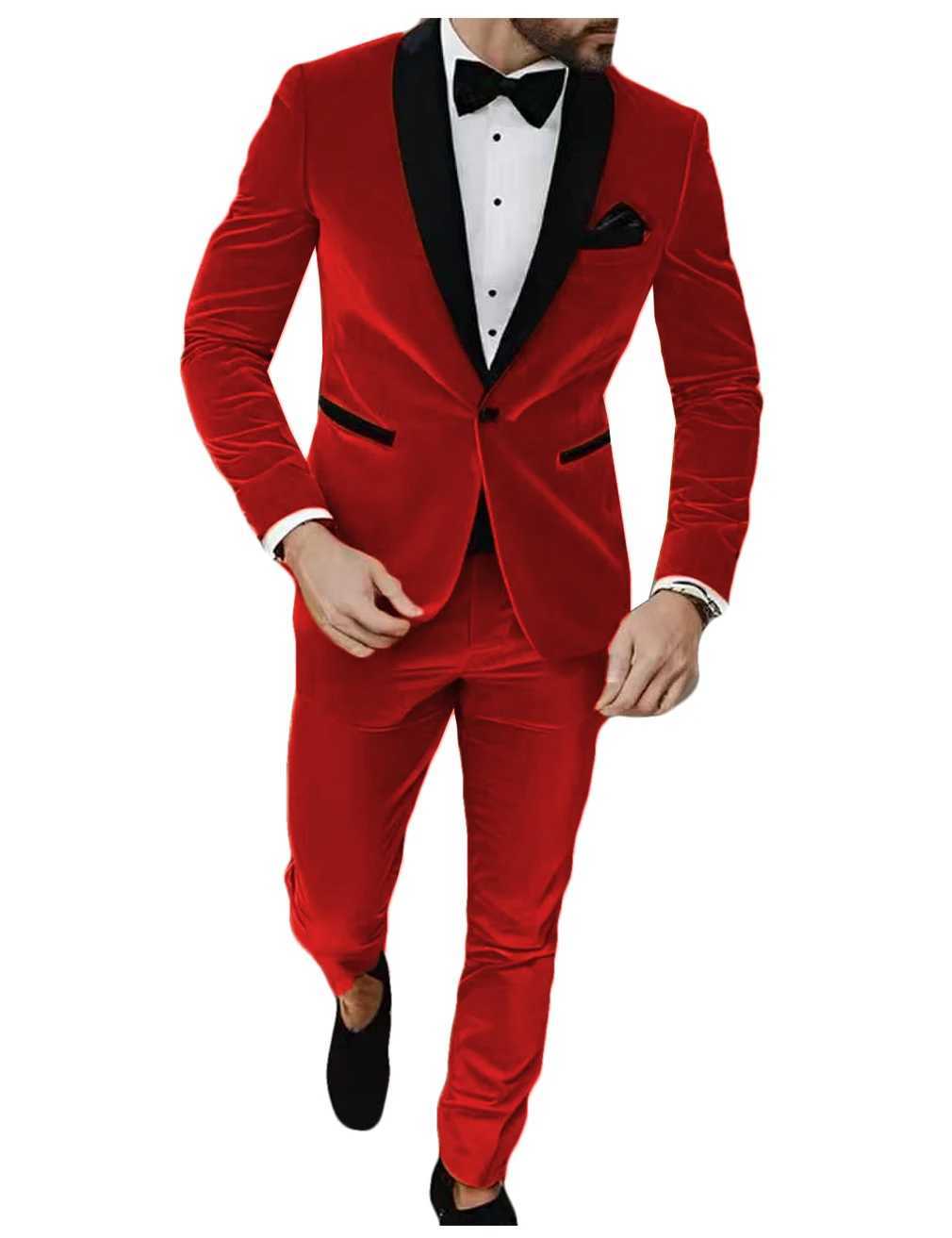 NEW Suit Korean Velvet Suits for Men 2 Pieces Blazer Pants Set Notched Lapel Mens Suit for Wedding Autumn Winter Prom Party X250704