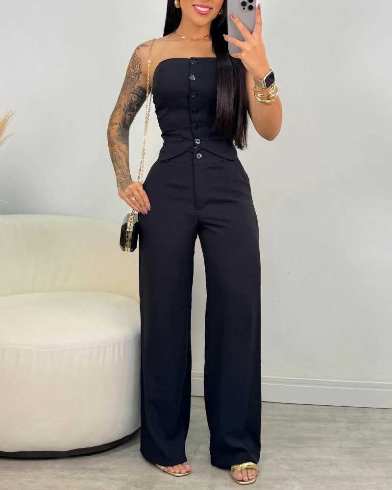 Summer Solid Color 2-Piece Strapless Single Breasted Decorative Vest Top and Casual Wide Leg Pants Set for Womens Elegance X250704