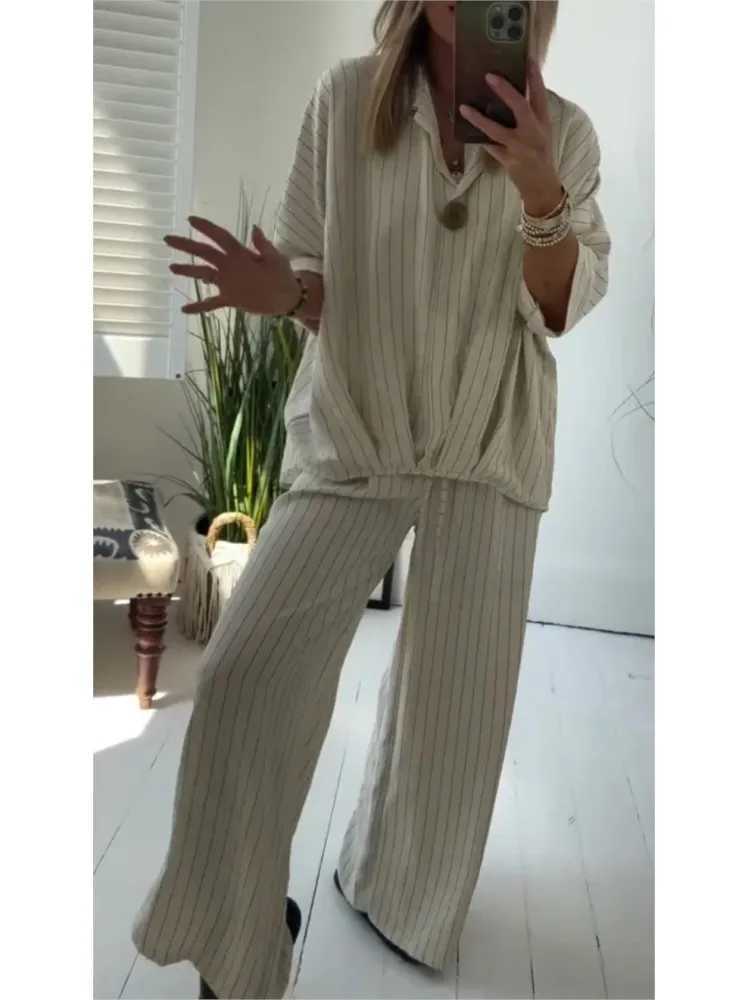 Fashion Striped Print Two Piece Set Womens Suit Loose Lapel Long Slve Top And Pants Sets Ladies Spring Autumn New Outfit X250704