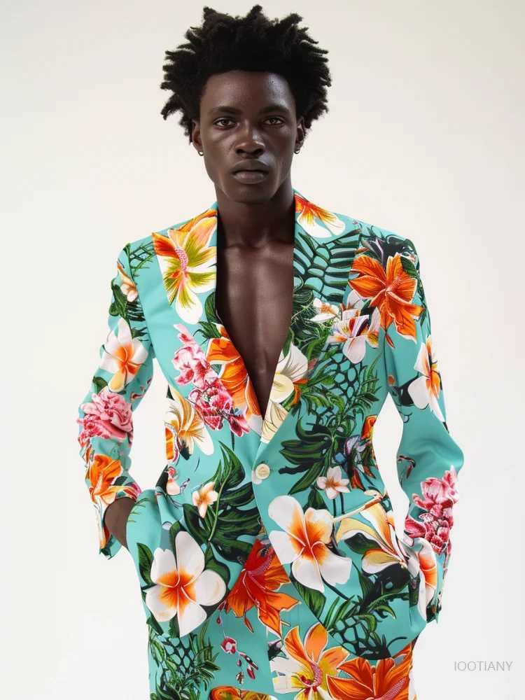 Fashion New Hawaiian Floral Print Suit Jacket Adult Gentleman Social Wedd Party Gown Men Slim Jacket Nightclub Stage Party Set X250704