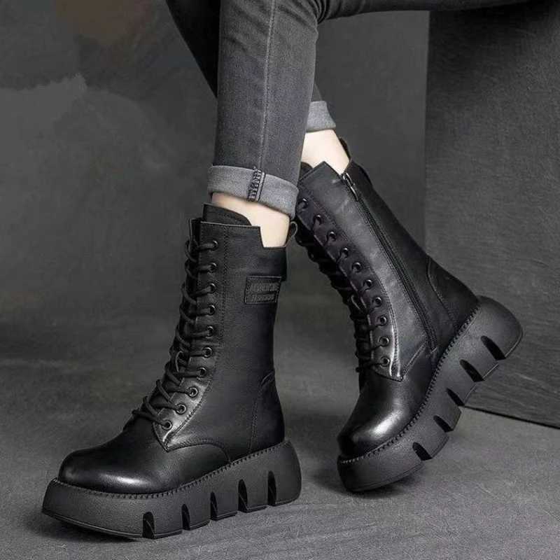 Winter Leather Women Boots Round Toe Mid-heel Ankle Boots for Women Lace Up Warm Snow Boots Lady Platform Bikerboots Women Z250704