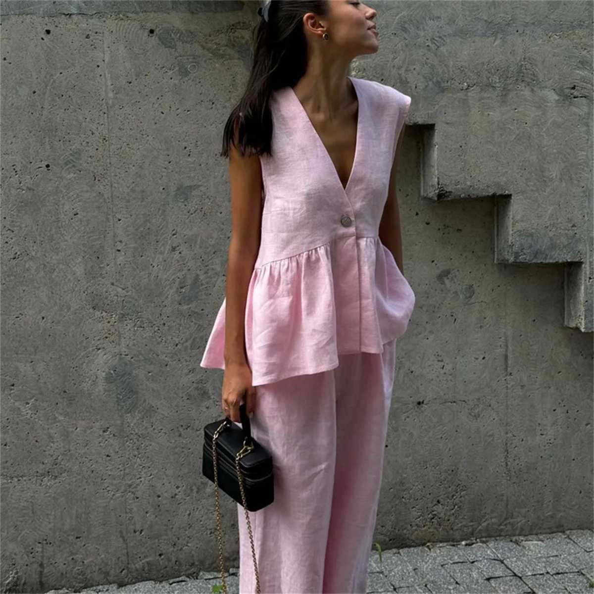 Fashion 2 Piece Set Women Summer Chic Elegant Outfit Single Breasted Slveless Ruffles Tank Top Loose Wide-leg Pants Sets X250704