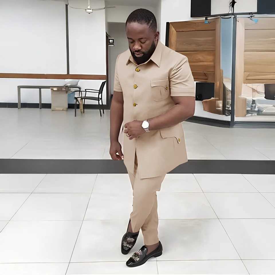 2 Piece Beige Mens Summer Suit Set Wedding Groom Tuxedo Short Sleeve Blazer Pants Formal Male Suit X250704