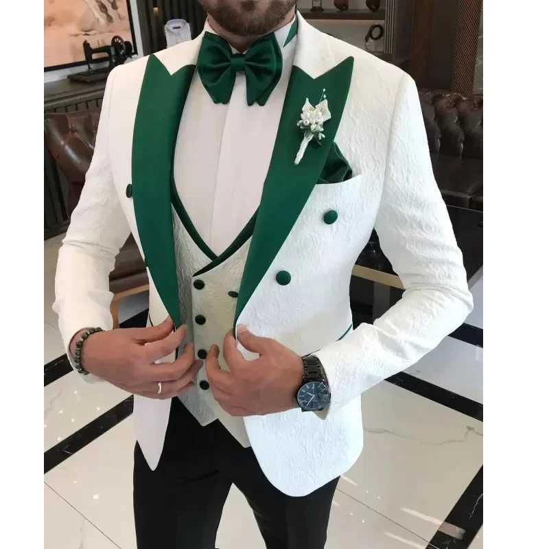 2024 Men Wedding Suits Formal White Jacquard Men Suit Set Slim Fit Groom Tuxedos Groomsman Blazer Suits For Men 3 Piece X250704