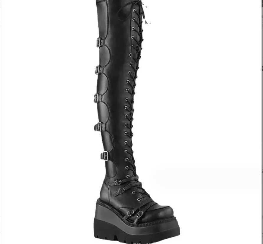Fashion High Boots Women Platform Wedges Motorcycle Boot Over The Knee Army Stripper Heels Black Lace-up Belt Long Boots Z250704