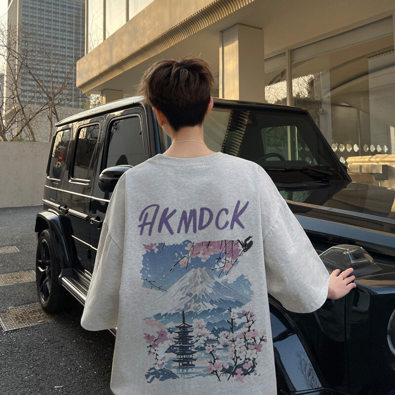 Mount Fuji Print Round Neck Short Sleeve T-Shirt for Men Designer short sleeves 2025 Summer Thin American High Street Fashion Brand Five-Sleeve Couple