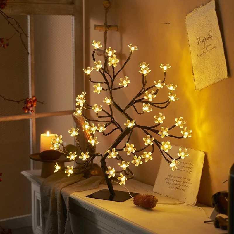 LED Table Lamp Cherry Blossom USB Remote Control For Desktop Room Bedside Bedroom Hotel Shop Home Festival Decor Tree LightXJ250703