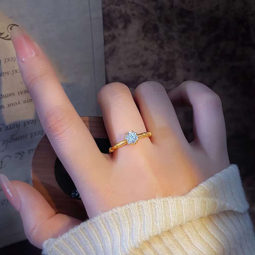 FOXI 18k Gold Vermeil Engagement Ring 0.5Ct Moissanite Diamond Bamboo Solitaire Ring 925 Sterling Silver Moissanite Wedding Ring