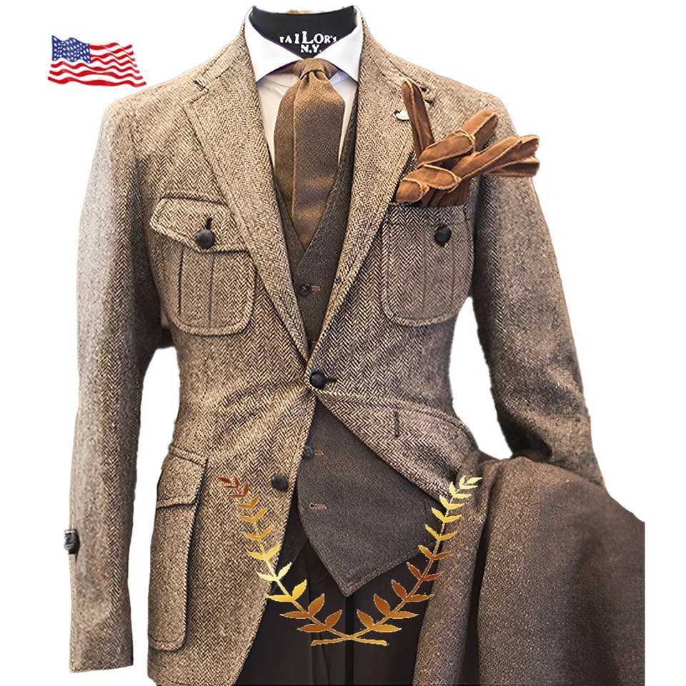 Mens Herringbone Suit Retro Jacket Pants Vest 3-piece Set Khaki Slim Fit Outfit Wool Outfit Winter Casual Suit for Men X250704