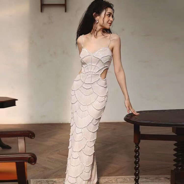 White Skirt Maxi Skirt Exquisite Sequin Beaded Mid Waist Hollow Out Strap Dress Socialite Birthday Party Evening Gown Long Skirt