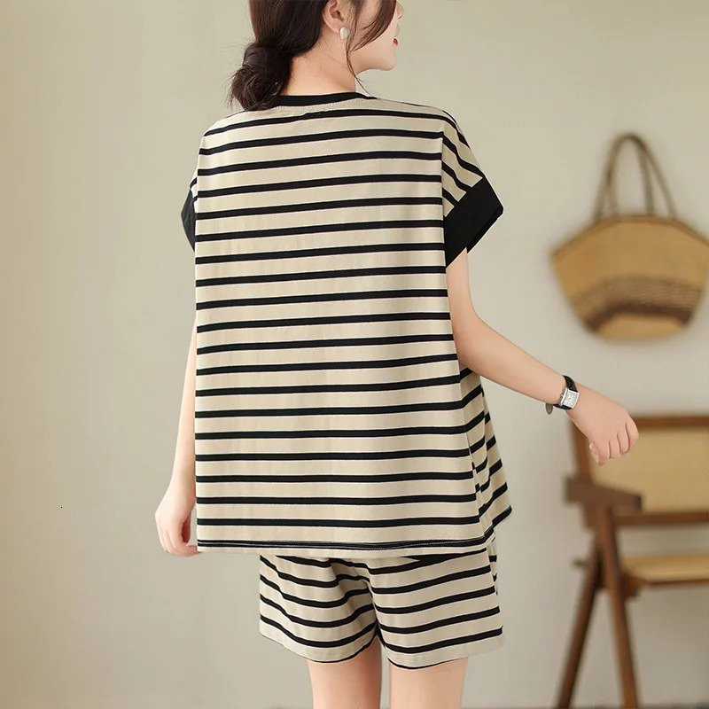 Women Striped Clothing Sets Short Sleeve TshirtDrawstring Shorts Two Pieces Suits Summer Loose Tracksuit Ladies Casual Outfits 250704