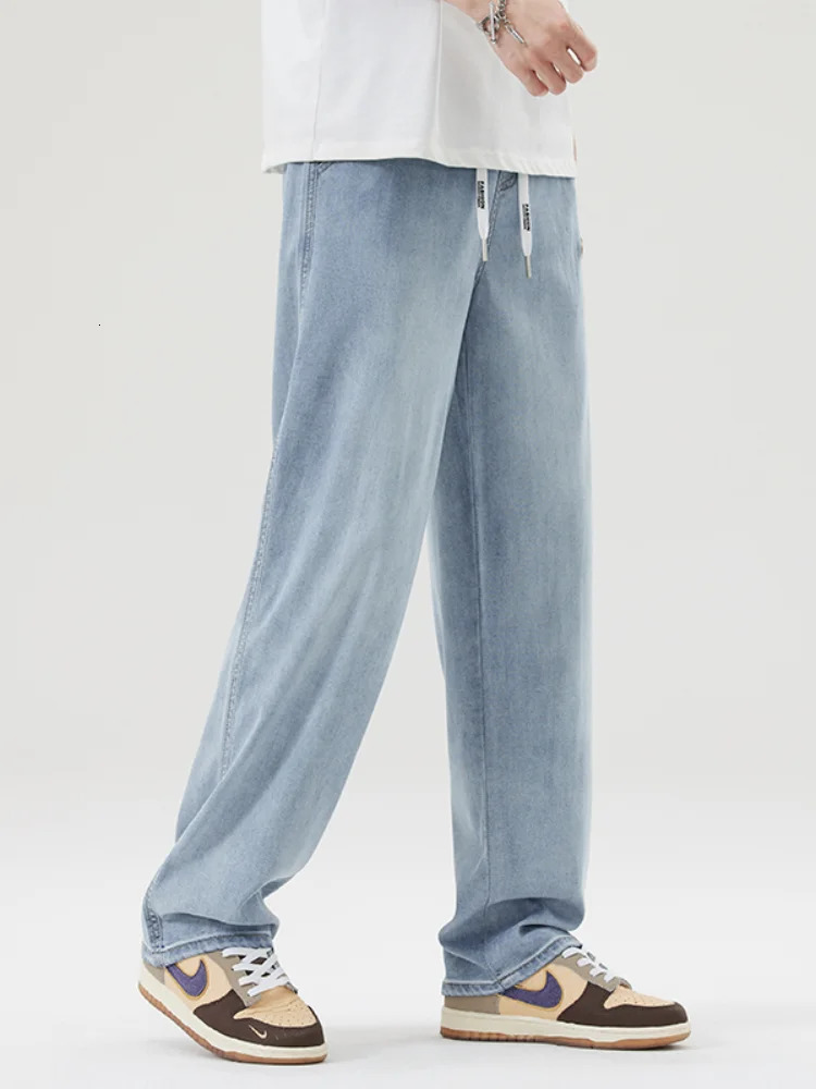 Lyocell Loose Casual Jeans for Men Summer Thin Straightleg Stretchy Wideleg Stylish Denim Trousers With Elastic Waist Male 250704