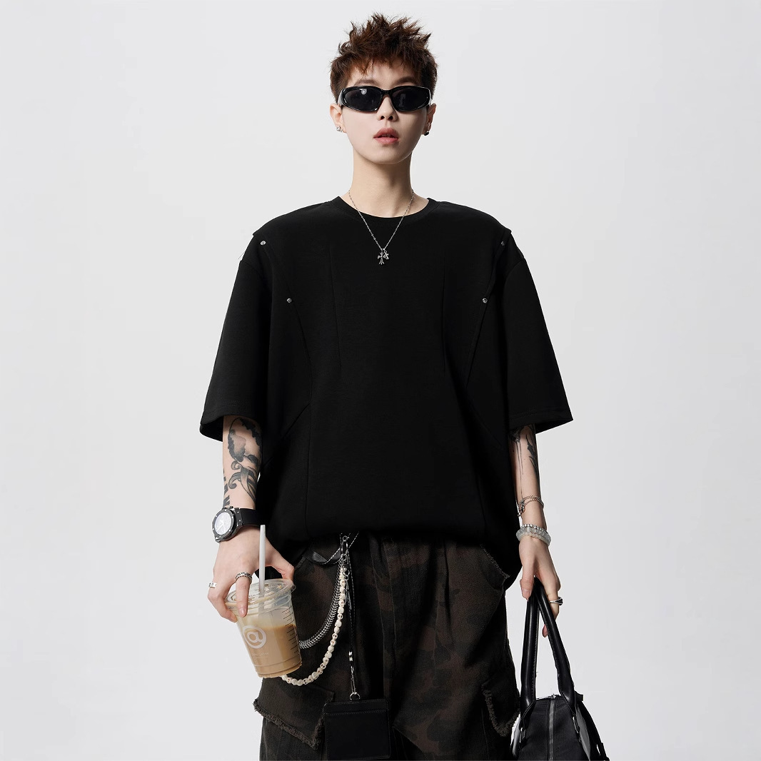 High Street Rivet Design Designer Short Sleeves T-shirt For Men Summer American Retro Deconstructed Short Sleeve Heavyweight Boxy Loose Five-quarter S