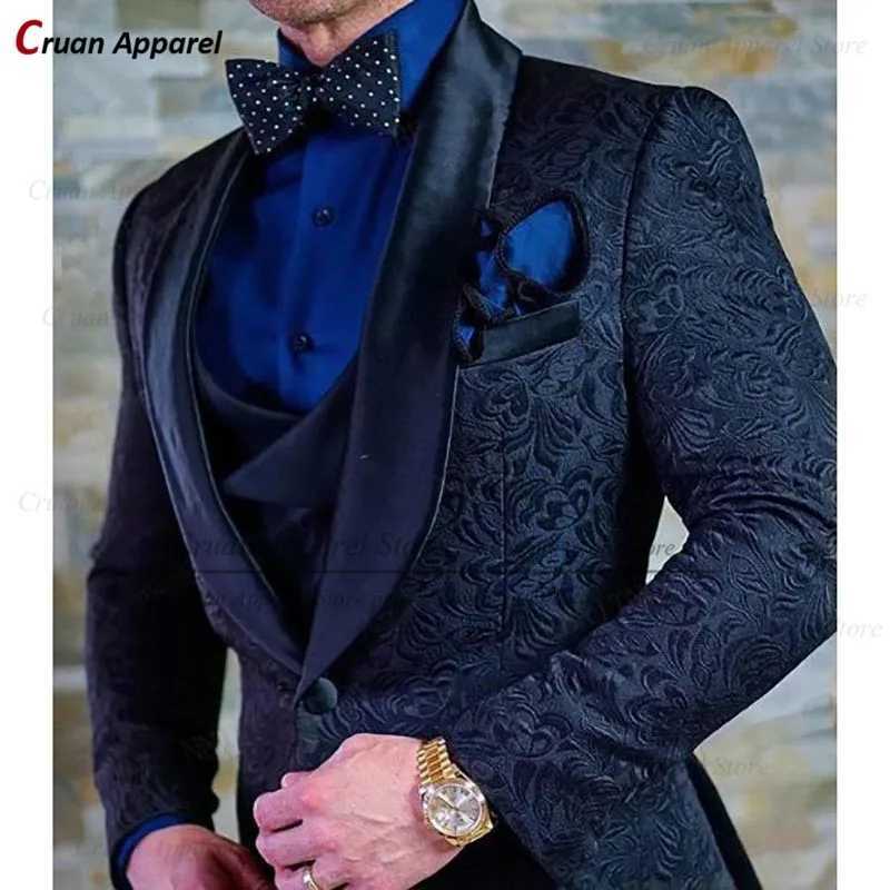 Wedding Groom Suit Luxury Blue Jacquard Suits for Men Slim Fit Prom Party Tuxedo Champagne Blazer Vest Pants 3 Pieces 2025 X250704
