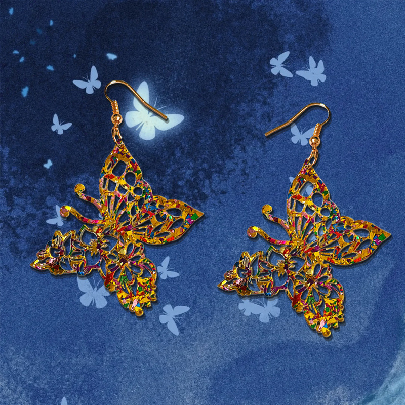 1 Pair Of Golden Yellow Butterfly Earrings With Hollow Design, Elegant High-End Colorful Decoration, Gift For Girlfriend