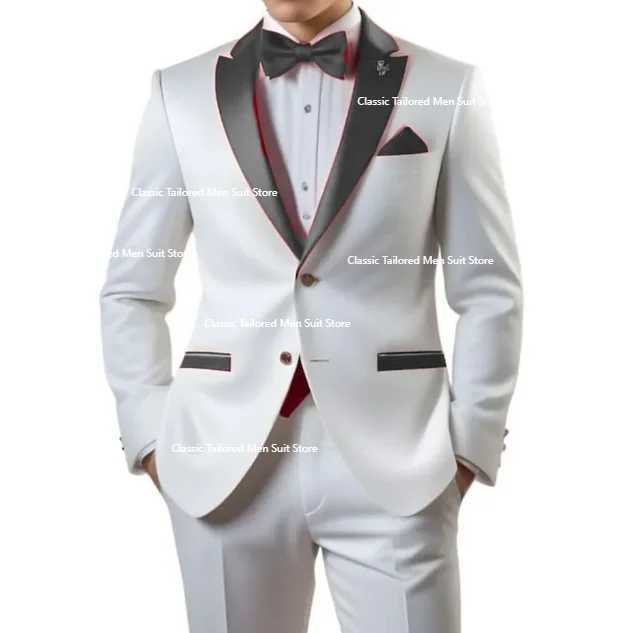 Customized White Men Suits Single Breasted Red Notch Lapel Slim Fit Male Clothing High Quality Wedding 2 Piece Jacket Pants X250704