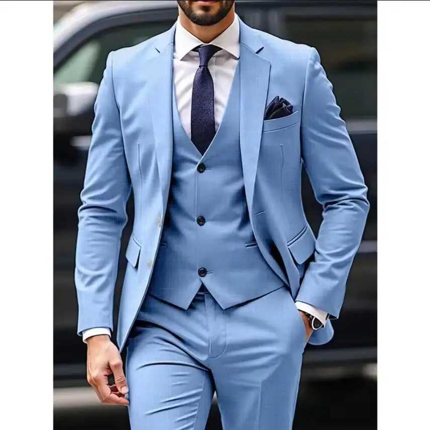 New Light Blue Men Suits 3 Piece Jacket Pants Vest Single Breasted Notch Lapel Formal Wedding Blazer High Quality Costume Homme X250704