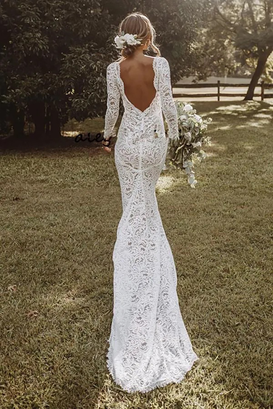 Backless Lace Mermaid Wedding Dresses 2025 Long Sleeves Country Style Bridal Gowns Custom Made Bohemian robes de mariee