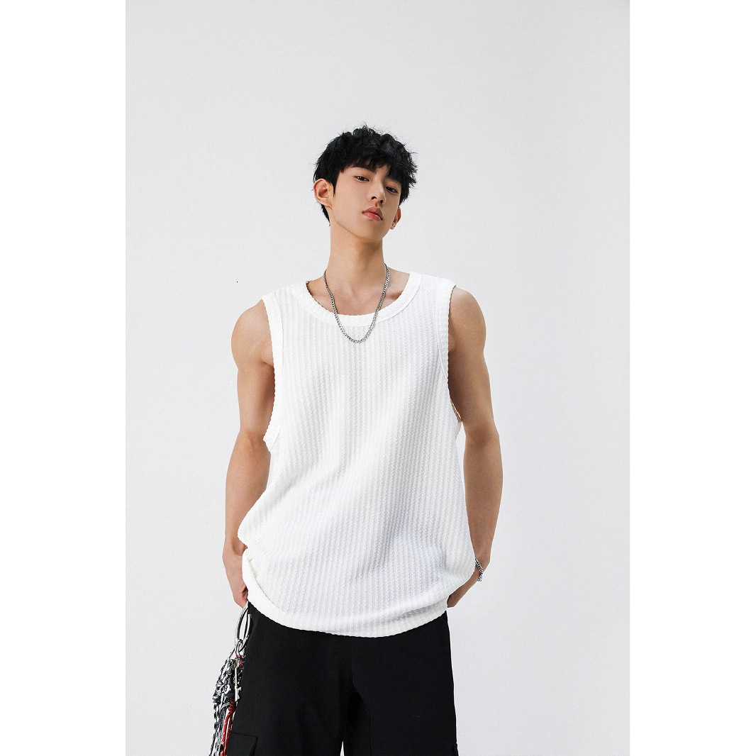 Textured White Tank Designer Short Sleeves Top For Men 2025 Summer New Simple Trendy Cross-shoulder Loose Casual Sleeveless T-shirt