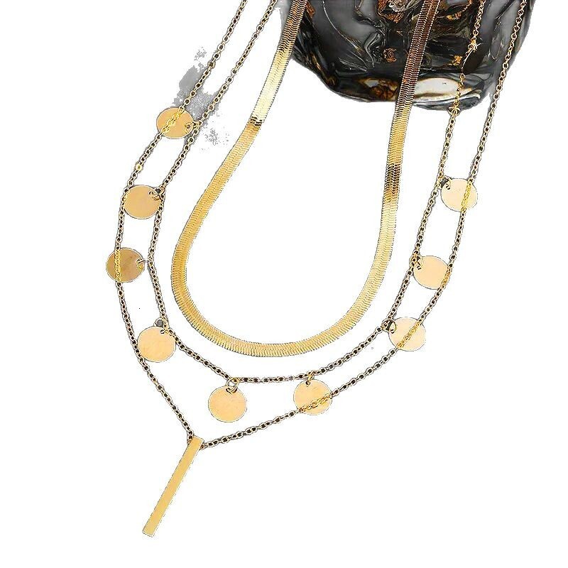 Gold Round Sequin 3D Rectangular Set Snake Bone Chain Layered Pendant Clavicle Necklace Jewelry