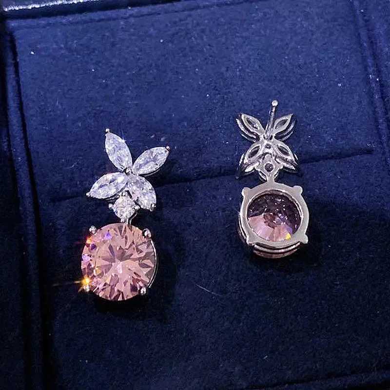 8 Exquisite Flower Dangle Earrings Pink Cubic Zirconia for Women Silver Color Temperament Sweet Accessories Fashion Jewelry Y250704