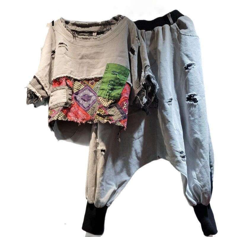 Trendy Vintage Women Contrast Color Patchwork Hole Short Sleeve T-shirt Elastic Waist Pants Female Summer