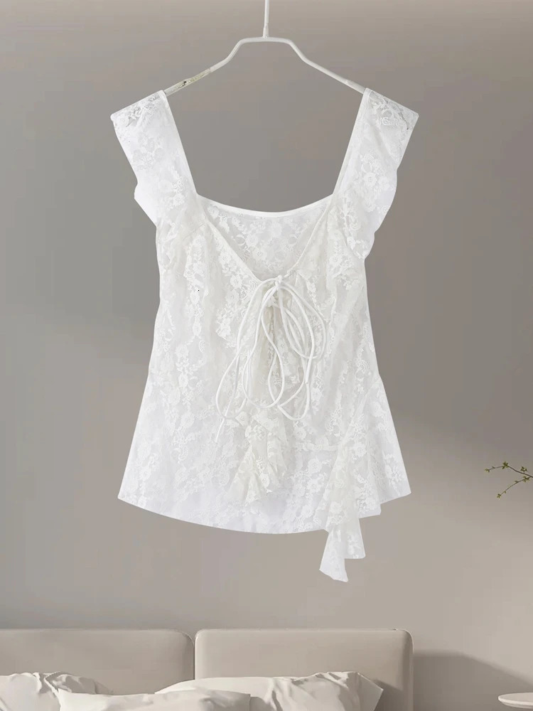 Elegant Ruffle Skirt Sets Women Sexy Lace Sleeveless See Through Tops A Line Cascading Long Skirts 2025 Summer Chic Lady Outfits 250704